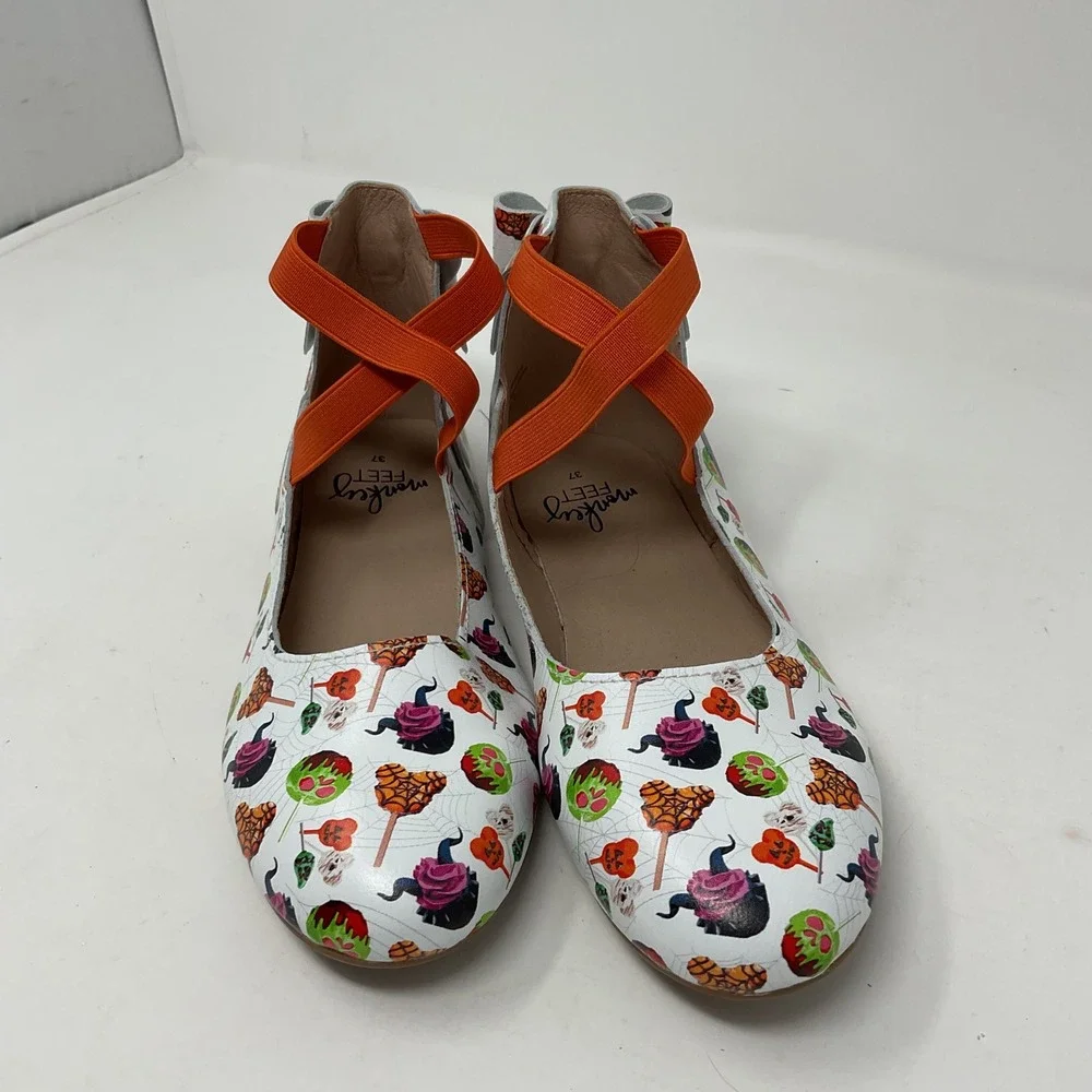 Monkey Feet Halloween Leather Ballet Flats Orange Elastic Straps Bows Size 37